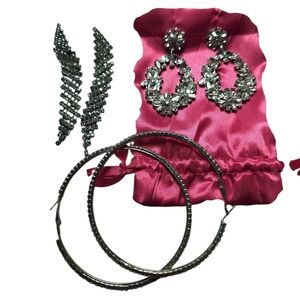 3 Pair Super Sparkly Crystal Embellished Earrings HOCO BRIDE Prom Floral Edgy